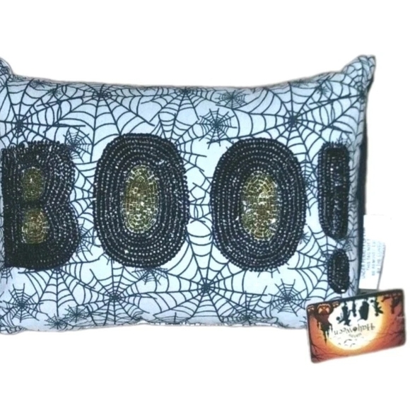 Halloween Beaded BOO! Spider Web Pillow White Black Spooky Ghost Witch - Picture 1 of 10